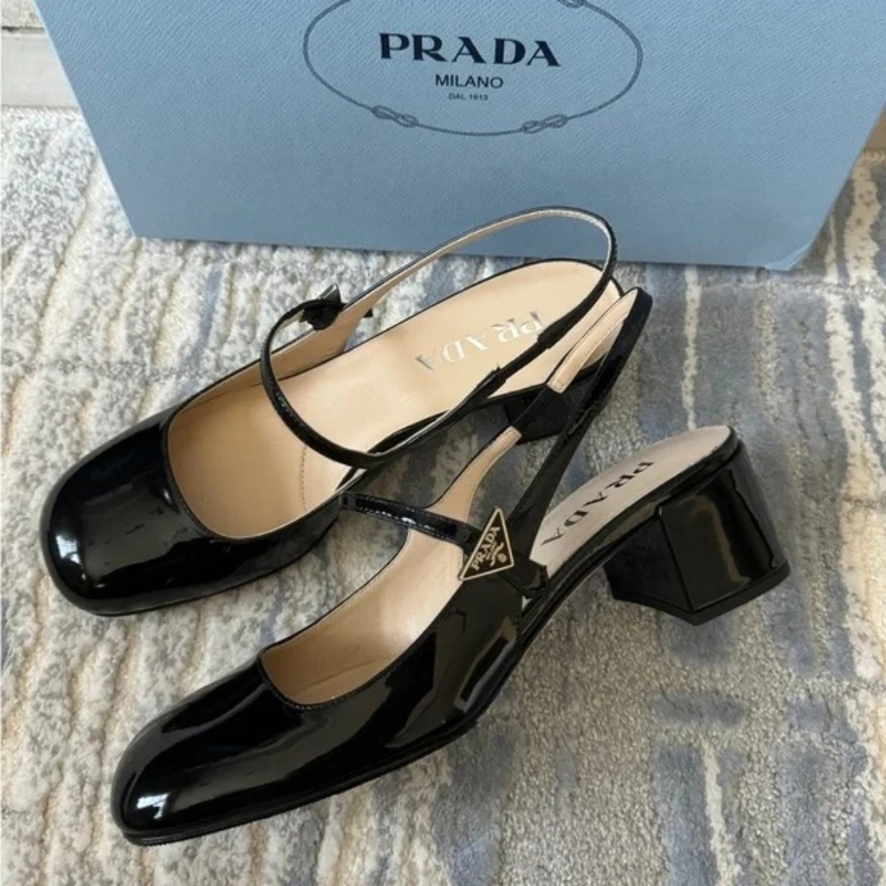 Prada Décoletté Logo Slingback Mary Jane Black Patent Leather Block Heel Pump - Picture 2 of 8